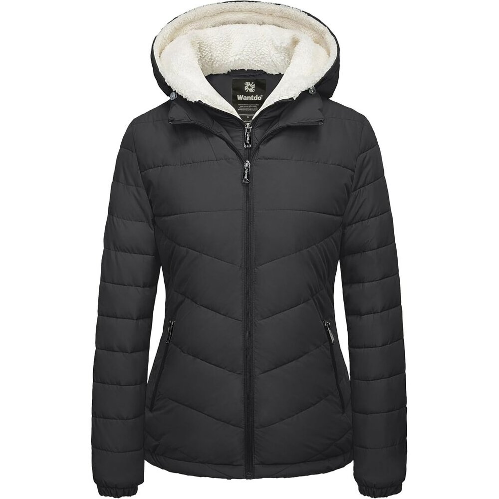 Women's Fabric Fleece Hooded Black Puffer Quilted Jacket Coats Winter Warm - Picture 1 of 6
